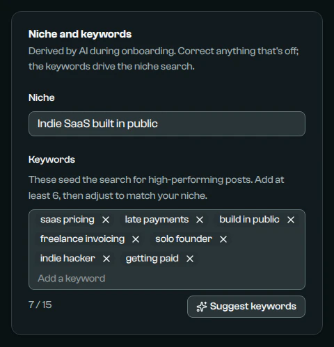 The Niche and keywords card of Writing settings: the niche "Indie SaaS built in public" and keywords such as saas pricing and late payments.