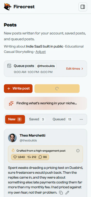 The Posts page mid-run: a spinner on the Generate button and a banner reading "Finding what's working in your niche".