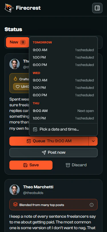 A post's posting-time menu, listing the next slots by day and how many posts each one already holds.